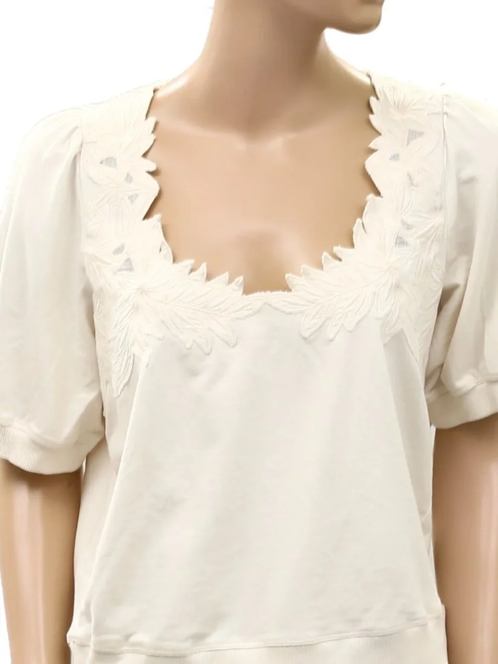 By Anthropologie Deco Crop Pullover Blouse Top White Embroidered Cotton M 290460